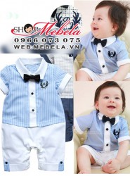 Áo liền quần body áo xanh lơ gắn nơ kẻ quần trắng xinh xắn lịch sự cho bé 9 và 11kg