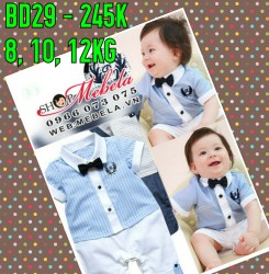 BD29 Áo liền quần body áo xanh lơ gắn nơ kẻ quần trắng xinh xắn lịch sự cho bé 8,10,12kg