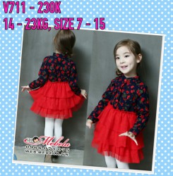 V711 - Váy sơ mi liền xanh hoa đỏ chân ren đỏ 3 tầng cho bé 3t - 6t (14kg - 23kg)
