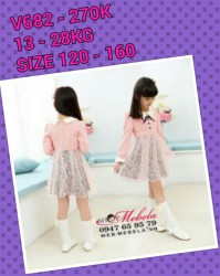 V682 - Váy dài tay hồng chấm bi chân ren hoa cho bé 13kg - 28kg; 3t - 8t; sz 120 - 160