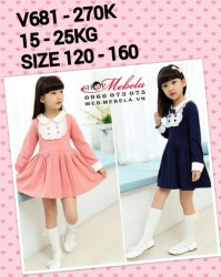 V681 - Váy dài tay xanh đen nơ cổ phong cách Hàn Quốc cho bé 15kg - 25kg; 3T - 7T; sz 120 - 160