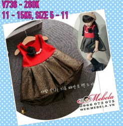 V736 - Váy dạ đỏ đuôi cá nhũ vàng kèm vòng cho bé 11kg - 15kg; 18th - 3t; sz 5 - 11