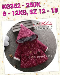 KG352 Áo khoác liền mũ màu bã trầu hoa nhí 3 lớp cho bé gái 8-12kg, 6 - 24th, sz 12-18