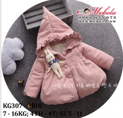 KG307 - ÁO KHOÁC HỒNG LIỀN MŨ GẮN THỎ LÓT LÔNG CHO BÉ GÁI 7 - 16KG; 4TH - 4T; SZ 5 - 11