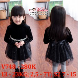 V748 - VÁY NHUNG ĐEN CAO CỔ LÓT LÔNG KÈM DÂY LƯNG BÉ GÁI 13 - 23KG; 2,5 - 7T; SZ 7 - 15