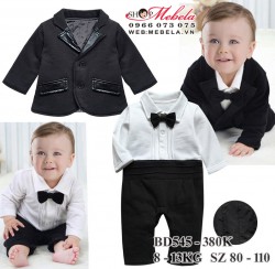 BD545 Body áo trắng liền quần dày ấm kèm vest đen cho bé trai 8-13kg, cao 68- 85cm, sz 80 - 110