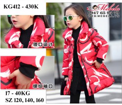 KG412 Áo khoác phao đỏ tia chớp đen trắng cho bé gái 17-40kg, 4t trở lên, sz 120, 140, 160