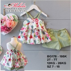 BG178 Bộ quần áo hoa 2 dây kèm quần xanh rêu cho bé gái 2 - 7tuổi, 12 - 26kg; size 7 - 15