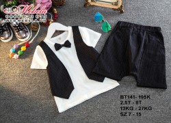 BT141- Bộ bé trai áo trắng kèm nơ, quần phối kẻ cá tính cho bé 2,5- 8 tuổi, 13- 27kg, sz 7-15