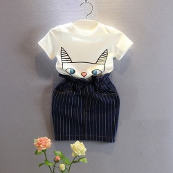 V2130- Bộ váy rời áo hình mèo chân váy kẻ cho bé gái 3- 8 tuổi, 14- 27kg, sz 7-15