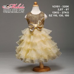 V2151- Váy dự tiệc nhiều tầng ánh vàng đính nơ cho bé gái 2,5- 8 tuổi, 13-27kg, sz 110,130,150