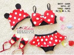 BK17- Bikini chấm bi màu đỏ nơ ngực kèm mũ cho bé gái 18th - 5 tuổi 11-19 kg, sz S-XL