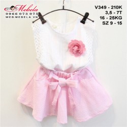 V349 Bộ áo trắng cài hoa kèm chân váy hồng cho bé gái 3 - 7 tuổi, 14 - 25kg, size 9 - 15