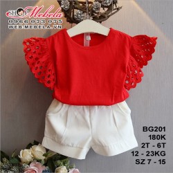 BG201 - Set áo thun đỏ tay cánh tiên + Quần sooc voan cho bé gái 2 - 6 tuổi 12 - 23kg, size 7 - 15