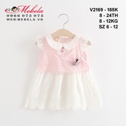 v2169 - Váy bé gái vải thô thêu ren màu trắng giả gile hồng tay cánh tiên cho bé gái 6 - 24 tháng, 6 - 12kg, size 6 - 12