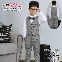 BT144 - Set áo sơ mi trắng + Áo gile + Quần kẻ + nơ sang chảnh cho bé trai 16-18kg