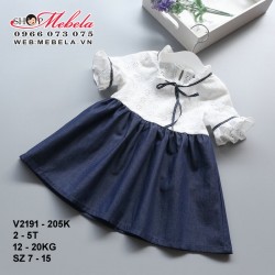 V2191 - VÁY JEAN PHỐI REN CỘC TAY THẮT NƠ BÉ GÁI 2 - 5 TUỔI, 12 - 20KG, SZ 7 - 15