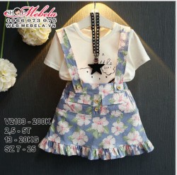 V2103 - Bộ áo phông trắng kèm váy yếm hoa xanh cho bé 2,5t - 5t (13kg - 20kg) SZ 7 - 15