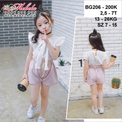 BG206 - SET ÁO TRẮNG TAY CÁNH TIÊN THẮT NƠ + QUẦN SOOC HỒNG + DÂY LƯNG BÉ GÁI 2,5 - 7 TUỔI, 13 - 26KG, SIZE 7 - 15