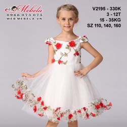 V2195 - ĐẦM DỰ TIỆC TRỄ VAI MÀU TRẮNG GẮN HOA ĐỎ CHO BÉ GÁI 3 - 12 TUỔI, 15 - 35KG, SIZE 110, 140, 160