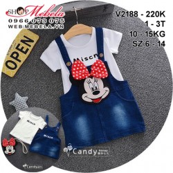 V2188 - SET VÁY YẾM GIẢ JEAN + ÁO PHÔNG TRẮNG + TÚI MICKEY CHO CHO BÉ 1 - 3 TUỔI, 10 - 15KG, SZ 6 - 14
