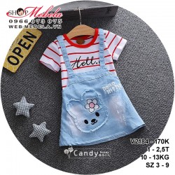 V2184 - VÁY JEAN GIẢ YẾM HELLO KITTY PHỐI THUN KẺ NGANG CHO BÉ 1 - 2,5 TUỔI, 10 - 13KG, SIZE 3 - 9