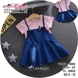 V2163 - VÁY XÒE GIẢ YẾM JEAN PHỐI THUN GẮN HOA CHO BÉ GÁI 18TH - 3T, 11 - 15KG, SZ 6 - 12