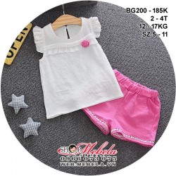 BG200 - SET ÁO TRẮNG VẢI THÔ TAY CÁNH TIÊN GẮN HOA + QUẦN SOOC VIỀN REN MÀU HỒNG CHO BÉ 2 - 4 TUỔI, 12 - 17KG, SZ 5 - 11