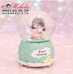CT29 Quà lưu niệm quả cầu tuyết bé gái và thỏ xinh có tuyết fun tự động và đèn nhạc