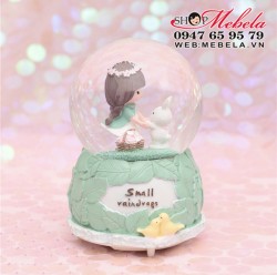 CT29 Quà lưu niệm quả cầu tuyết bé gái và thỏ xinh có tuyết fun tự động và đèn nhạc