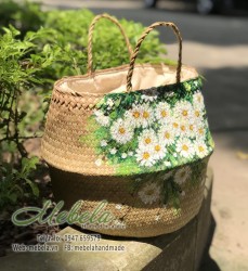Giỏ cói vẽ tay cúc hoa mi
