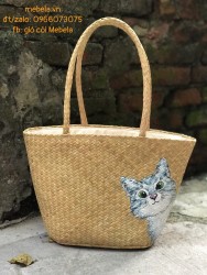 Giỏ cói hình thang vẽ mèo xinh (SIZE LỚN)