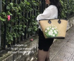Giỏ cói viền simili vẽ cúc họa mi