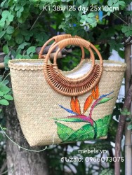 Giỏ cói hình thang quai mây vẽ tay hoa thiên điểu