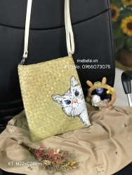 Túi cói đeo chéo chữ nhật vẽ tay mèo xinh