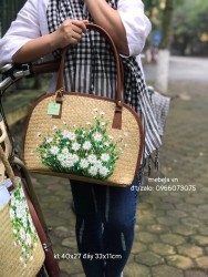 Túi cỏ bàng dáng hến viền da vẽ tay hoa Cúc họa mi