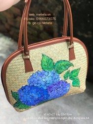 Túi cói dáng hến quai da vẽ cẩm tú cầu siêu xinh