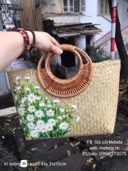 Túi cỏ bàng quai mây size to vẽ tay hoa Cúc họa mi