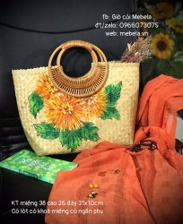 Túi cói quai mây vẽ CÚC PHÁO HOA