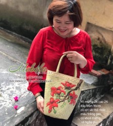 Túi cói dáng đầu nón vẽ tay Hoa Gạo Đỏ