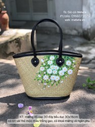 Giỏ cói viền da vẽ cúc họa mi size to