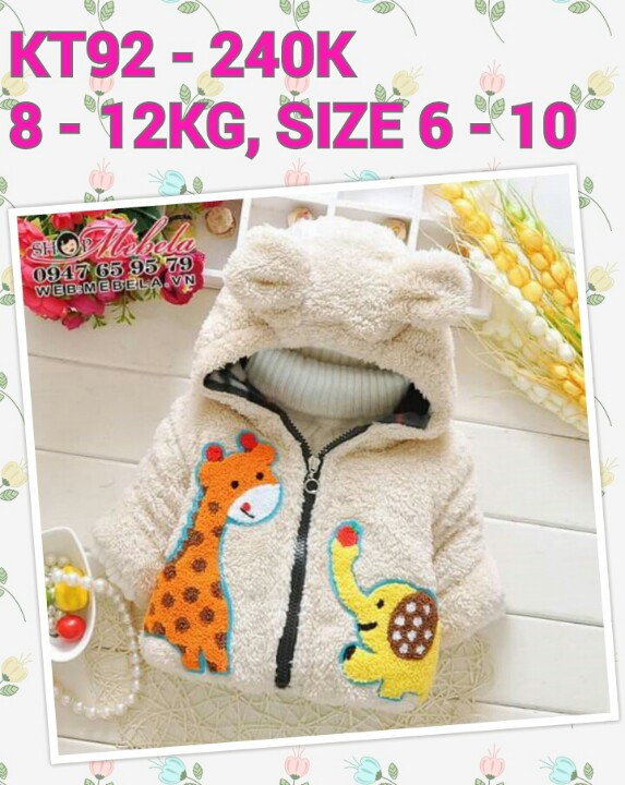 KT92 - Áo khoác lông 3 lớp liền mũ hình hươu & voi cho bé 7th - 24th (8kg - 12kg)