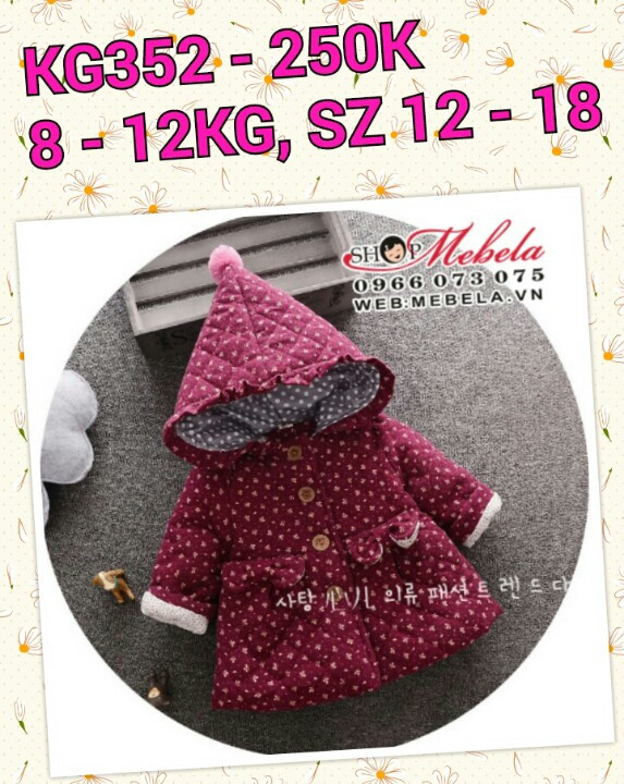 KG352 Áo khoác liền mũ màu bã trầu hoa nhí 3 lớp cho bé gái 8-12kg, 6 - 24th, sz 12-18