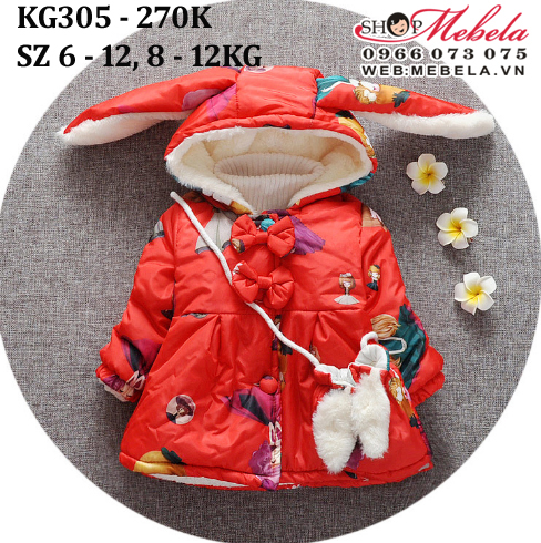 KG305 Áo khoác phao đỏ hình cô gái kèm túi cho bé gái 8-12kg, 9-24th, sz 6-12