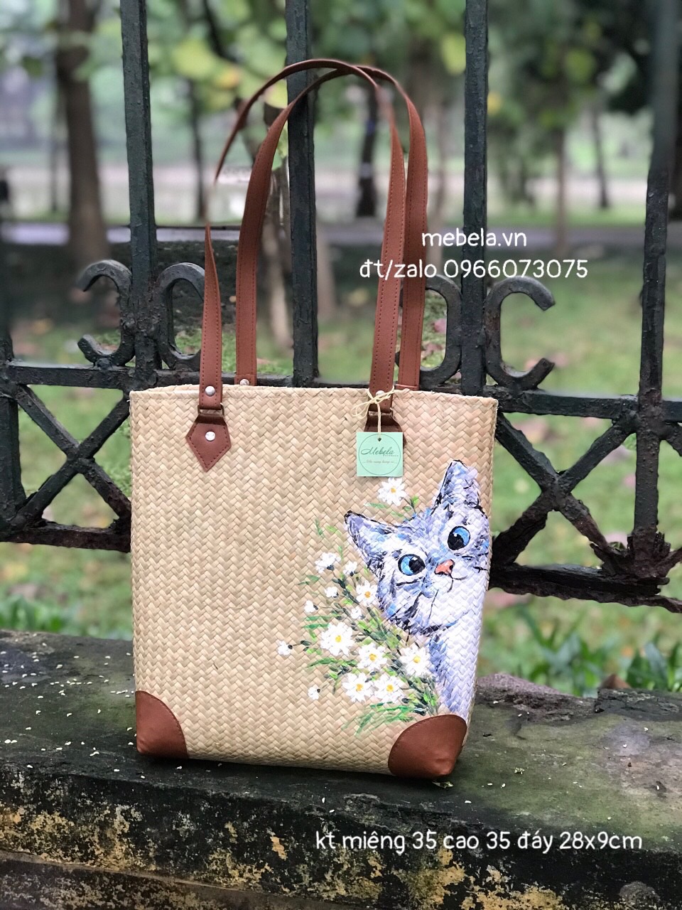 Túi cói quai da bo góc vẽ tay vẽ mèo xinh