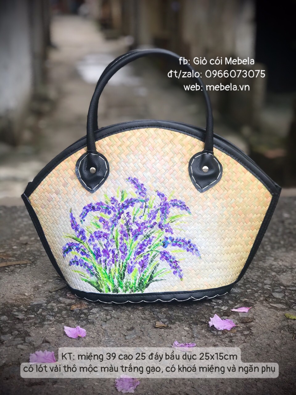 Túi cỏ bàng dáng hến viền da vẽ tay hoa LAVENDER
