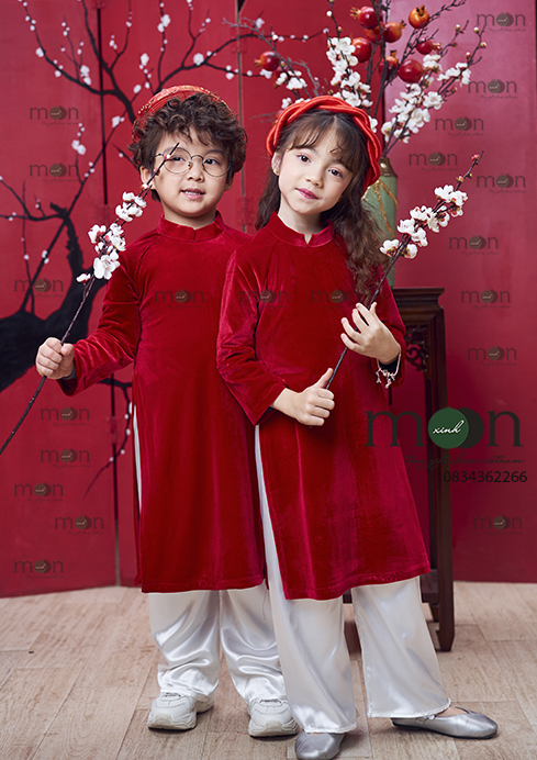 VSN 342 áo dài nhung đỏ bé trai và bé gái 